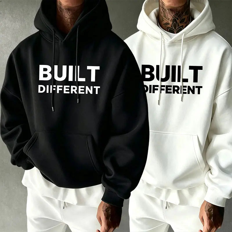 Minimalist motivational slogan front-print oversized solid-color men’s casual long-sleeve hoodie