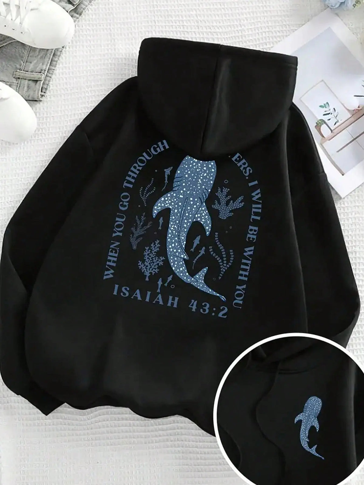 When You Go Through Waters I Will Be With You Double Print Hoodie, 270G Brushed Fleece Whale Shark Isaiah 43:2 Ocean Christian Hooded Sweatshirt, Religious Nature Aesthetic Casual Pullover For Men Women